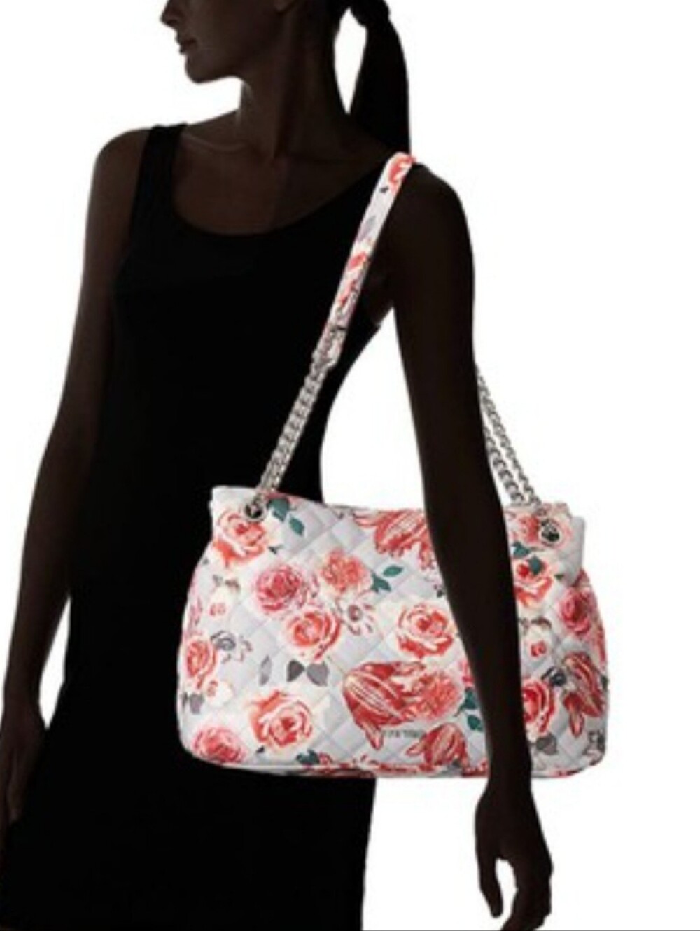 NINE WEST Floral Dielle White Quilted Shoulder Bag with Silver Chain Straps